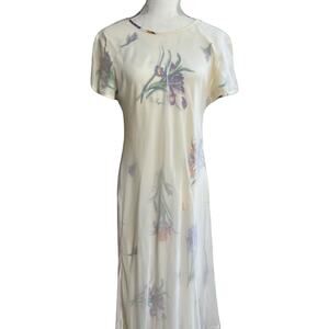 Vintage Ivory Iris Chiffon Sheer Overlay High-Low Floral Midi Dress Size 14 Mica